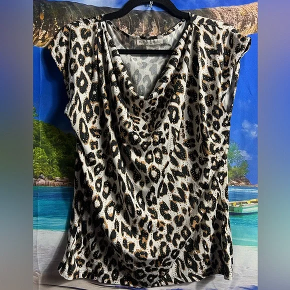 EMALINE Leopard Sleeveless Top Draped Neckline Size L - Picture 1 of 5